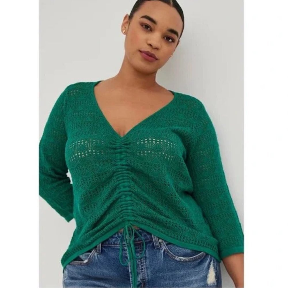 Torrid Green Crochet Open Stitch Pullover V-Neck Cinched Front Sweater / Top 1x - Picture 12 of 12